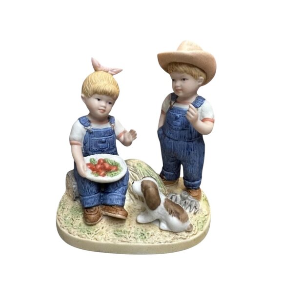 Homco 1985 Denim Days Debbie Danny Puppy Dog Apples Porcelain Figurine - Picture 2 of 6